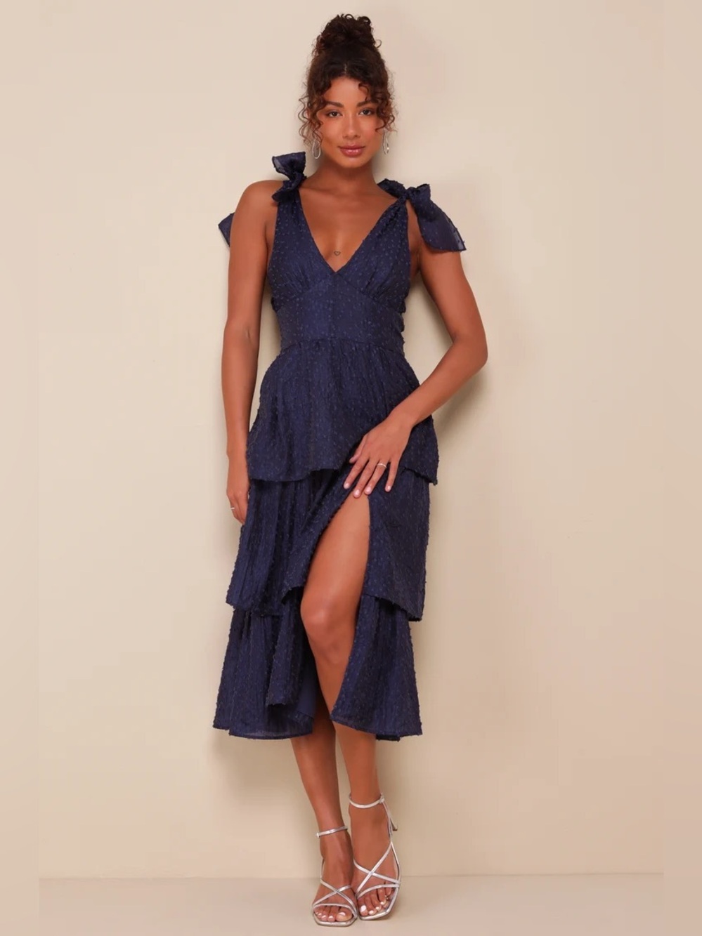 Lulus Blissful Direction Navy Tie-Strap Clip Dot Bustier Midi Dress Size M NWT